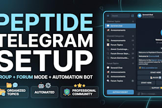 setup peptide telegram group with organized topics, forum mode, automation bot