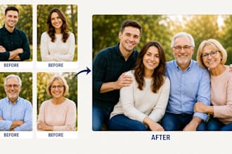 merge combine multiple image into 1 photos family or wedding group photo editing