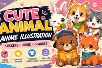 create cute animal ilustration in original anime style for stickers logo tshirt