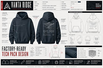 design streetwear, tracksuit, hoodie, and apparel tech packs with flat sketches