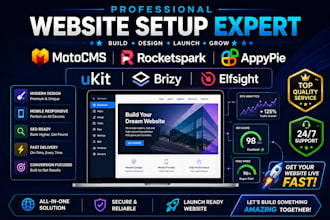 setup motocms rocketspark appypie network solutions ukit brizy elfsight website
