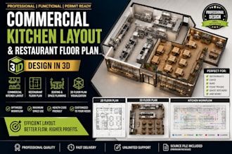 design commercial kitchen layout and restaurant floor plan in 3d
