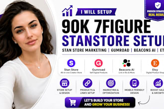 setup 90k 7figure stan store setup, marketing, gumroad, beaconsai, kofi and etsy