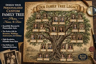 design personalized family tree with photos and names, custom genealogy chart