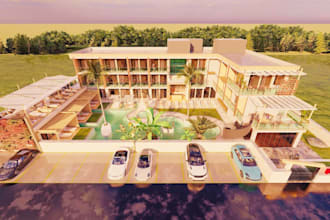 design hotel, resort, boutique hotel, luxury hospitality, beach hotel in 3d