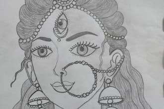 pencil drawing, drawing of god maa durga