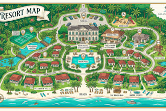 design resort maps, rv park map, hotel maps, property layouts and event maps