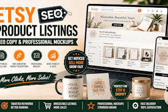 create etsy, product listings, SEO descriptions, product mockups shopify design