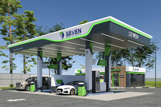 design 3d gas station filling station convenience store and ev charging render