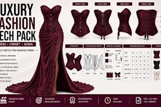 design luxury fashion tech pack dress corset gown flat sketch for manufacturing