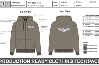 create production ready fashion clothing, apparel tech pack with flat sketch