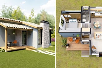 design tiny house, small home floor plans, cabin and realistic 3d visualization
