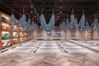 design 3d yoga studio, yoga room, fitness center, wellness studio, 3d gym design
