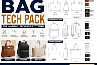 create a professional bag tech pack for handbag, backpack and tote bag