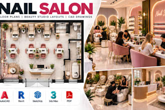 design nail salon floor plans, beauty studio layouts, manicure cad drawings