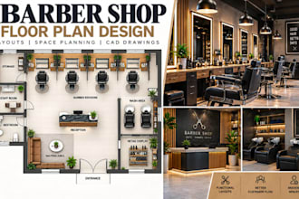 design barber shop floor plans, barber station layouts, salon cad drawings