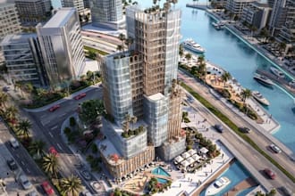 develop3d mixed use complexes,office tower,waterfront canal,exterior view render