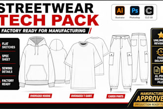 streetwear tech pack for oversized tshirt hoodie  flat sketch for manufacturing