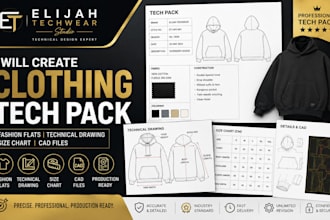 do clothing tech pack, fashion flats, technical drawing, size chart, cad files