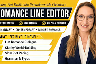 line edit romance, romantasy, dystopian fiction, and midlife healing romance