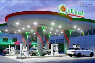 design 3d 3d commercial, gas station, ev charging, convenience store, fuel