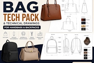 design bag tech pack and technical drawings for handbags and backpacks