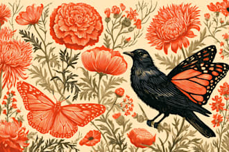 illustrate botanical and animal linocut vector illustration