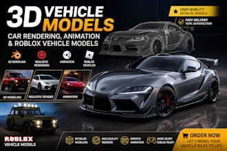 create 3d vehicle models, car rendering, animation and roblox vehicle models