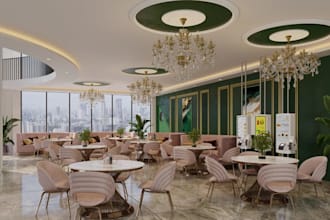 renovate restaurant interior, cafe shop,architect realistic render, wedding hall