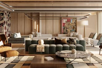 convert 2d layout plan to 3d warm minimalist,contemporary interior,japandi style