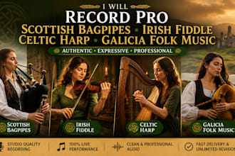 record pro scottish bagpipes, irish fiddle, celtic harp and galicia folk music