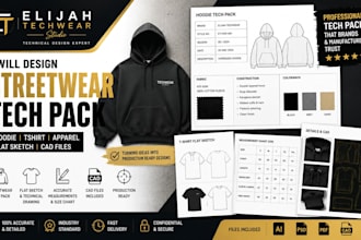 design streetwear tech pack, hoodie, tshirt, apparel tech pack, flat sketch cad