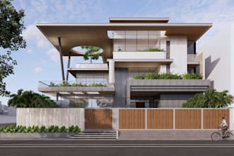 rebuild tropical building exterior, landscape garden render, revit interior, cgi