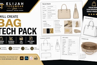 create bag tech pack, handbag design, technical drawing, cad, spec sheet files