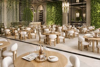 optimize 3d bespoke restaurant interior, seating layout,urban jungle cafe render
