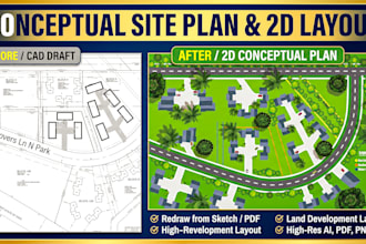 draw conceptual site plan, 2d plot plan, and redraw site plan