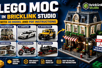 design custom lego moc in bricklink studio with 3d model and PDF instructions