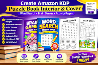 create amazon KDP puzzle book interior and cover word search brain games action