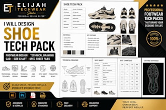 design shoe tech pack, footwear design, technical drawing, cad, size chart files