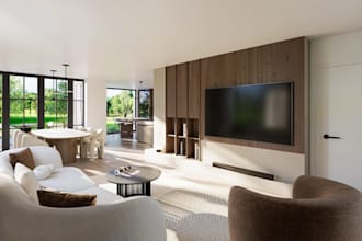showcase open plan living kitchen area, interior floor plan drawing, cgi renders