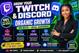 do organic twitch channel promotion and discord promotion to boost live viewers