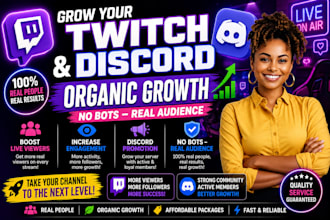 do organic twitch channel promotion and discord promotion to boost live viewers