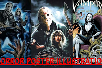do 80s horror movie poster halloween creepy gore album cover merchandise design