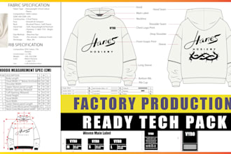 create a hoodie tech pack and technical flat sketch