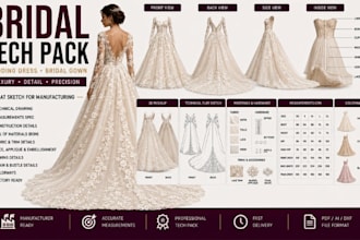 create wedding dress bridal gown tech pack with flat sketch for manufacturing