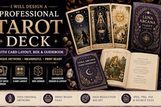 design a professional tarot deck with card layout, box, and guidebook
