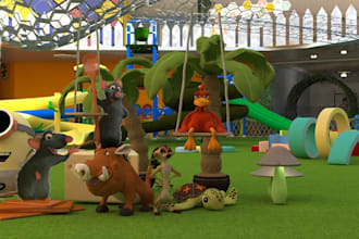 redesign 3d kid entrance and indoor garden, play room interior, furniture layout