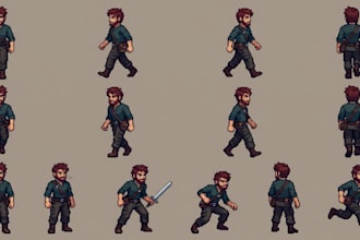 design 2d pixel character animation sprite sheet for game assets for indie game