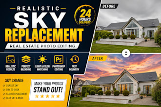 do professional sky replacement for real estate photo, and adobe photoshop work