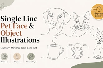 draw single line pet face and object illustrations